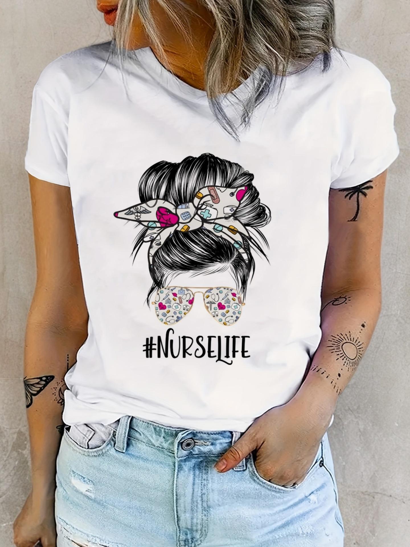 Messy Bun Nurse Life Graphic Print T-shirt XXXXL