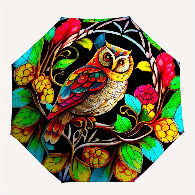 Owl, Stained Glass Automatic folding umbrella simple eight rib design, bright color pattern, durable iron frame, ideal for travel and outdo