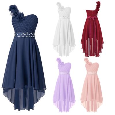 Partykleid für Kinder, Mädchen, One-Shoulder-Kleid, gerüschtes asymmetrisches Saumkleid mit abnehmbarer Strassschärpe
