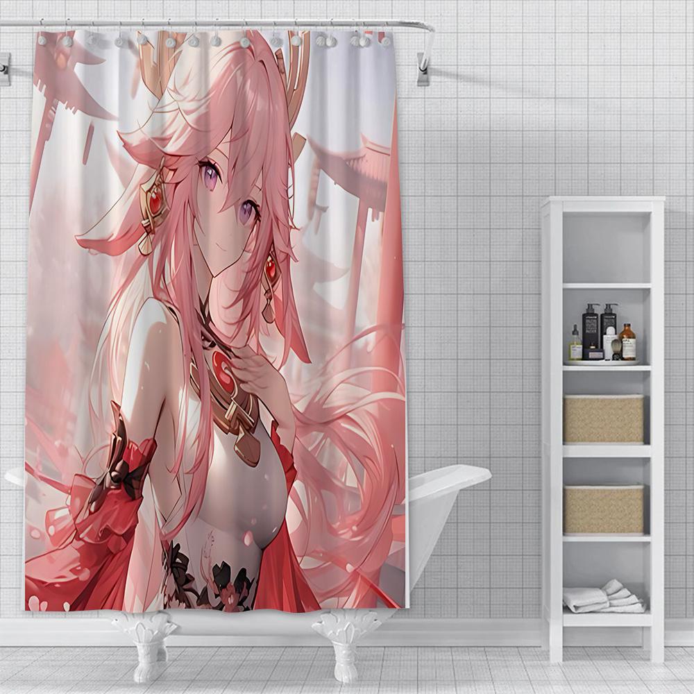 Shower Curtain Genshin Impact Yae Miko Anime Waterproof Fabric Bathroom Curtain With Hooks, Aesthetic Decorative Bath Curtain Fo