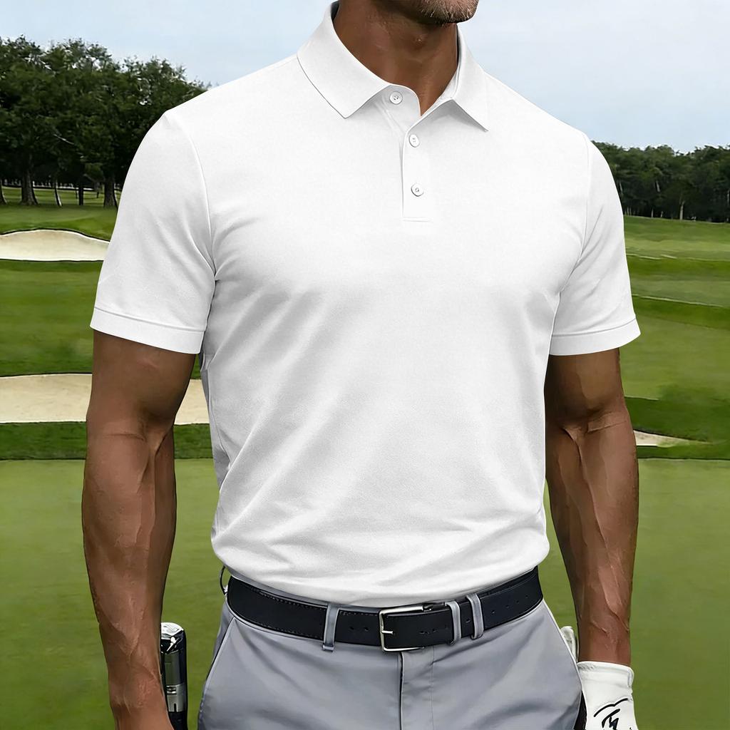 Men Short Sleeve Polo Shirt Classic Fit Button Down Collar Lightweight Breathable Knit Fabric for Business Casual Wear