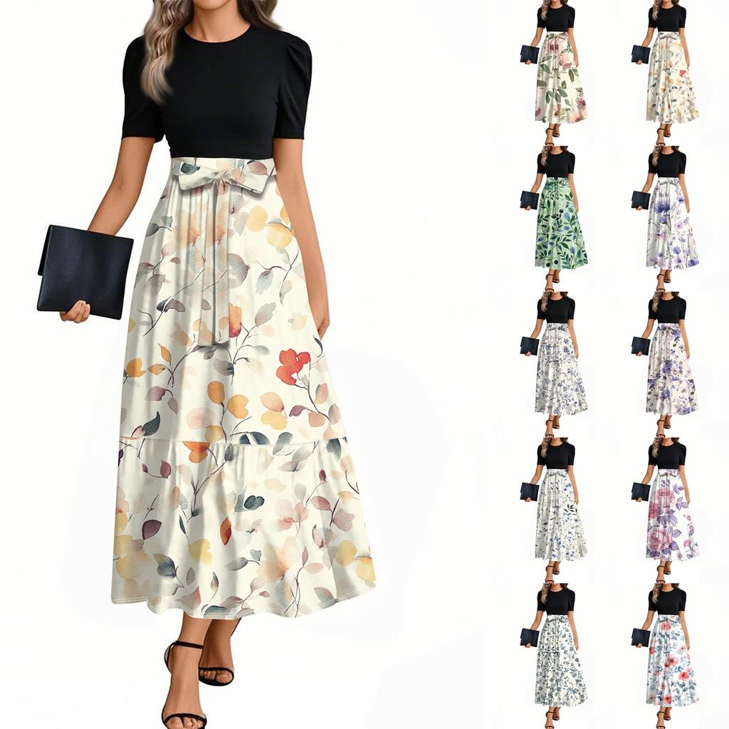 Rochie Casual Elegantă de Damă cu Mânecă Scurtă, Gât Rotund, Imprimeu Floral, Cu Centură și Aplicații