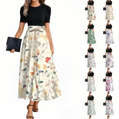 Women's Elegant Fashion Floral Print Belted Short Sleeve Round Neck Splicing Casual Dress