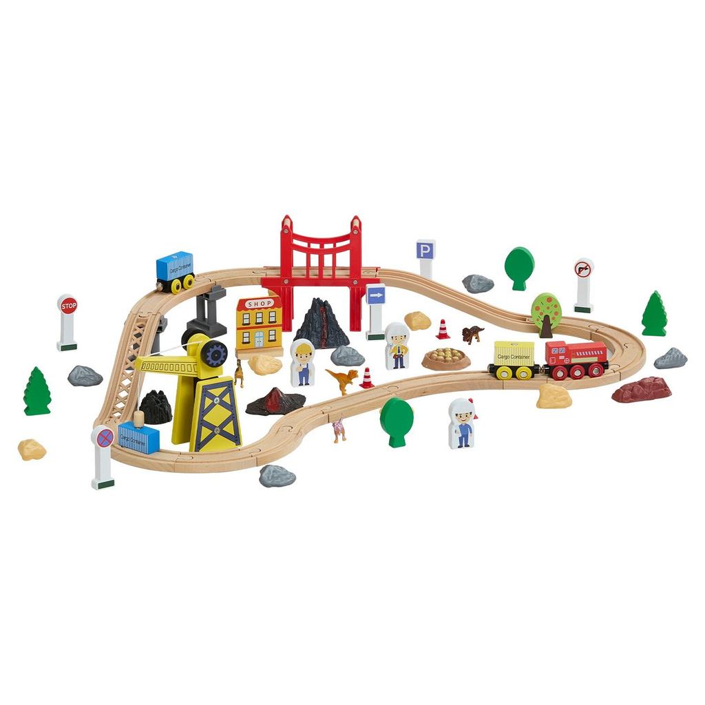 70PCS Wooden Train Set, with Magnetic Crane, Wood Train Track Toy for Kids Ages 3-8, Construction Crane Railway Set, Compatible with Major Brands,