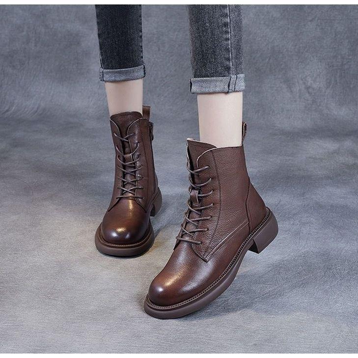 Dámské kozačky Retro britský styl Kožené boty pro ženy 2025 Nové zimní teplé krátké kozačky Čtvercový podpatek Platformové boty