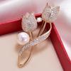 Yousheng Women Brooch High-Gloss Rhinestone Inlay Imitation Pearl Decor Sparkling Tulip Design Lapel Pin Non-Slip Buckle Scarf Badge Clothing Bags