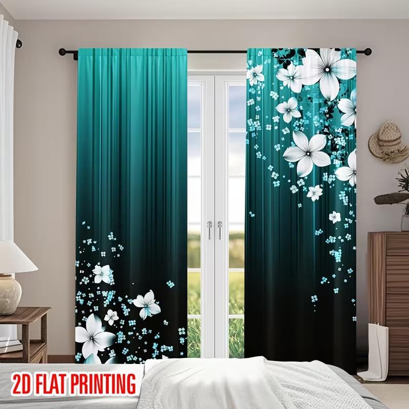 

2PC Teal Black Floral Gradient Sheer Curtains - Sleek Modern Floral Print Window Drapes for Bedroom Living Room Decor 24x59in(60x150CM)x2&Rod Pocket