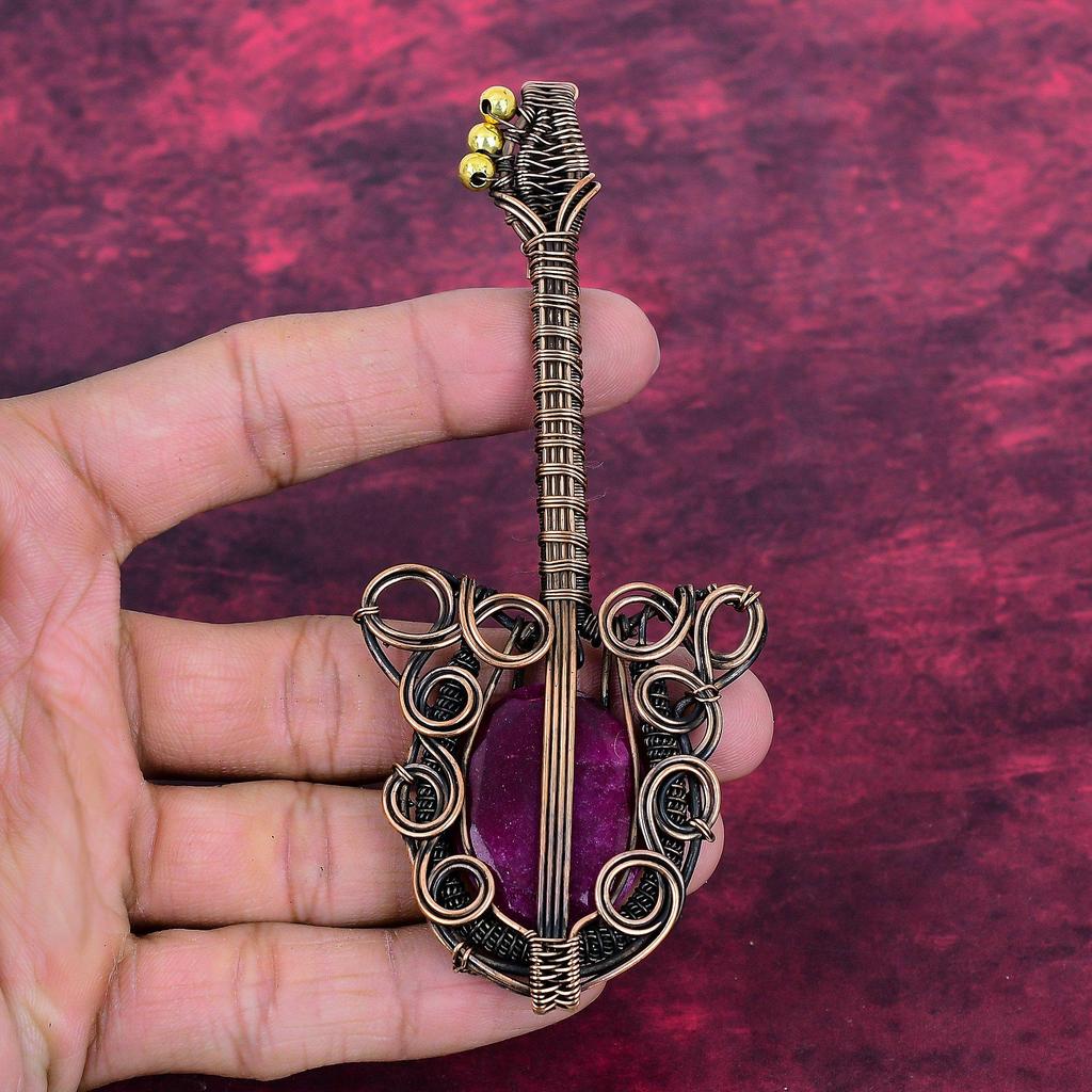 Faceted Kashmir Ruby Gemstone Pendant Copper Wire Wrapped Guitar Design Pendant