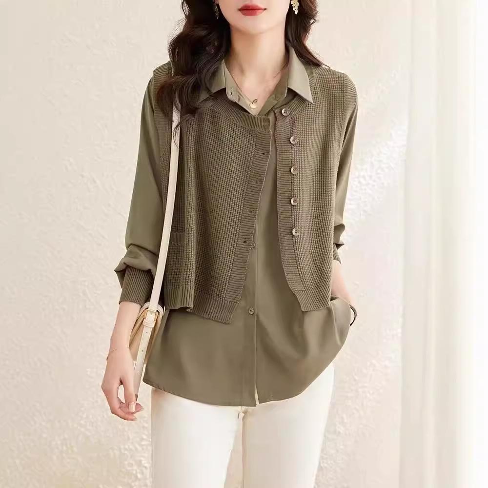 Camicia a due pezzi per abbigliamento autunnale da donna Nuova giacca camicia casual ampia Gilet in maglia alla moda Top a maniche lunghe