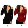 Women Cold Shoulder Bandage V Neck Long Sleeve Shirt
