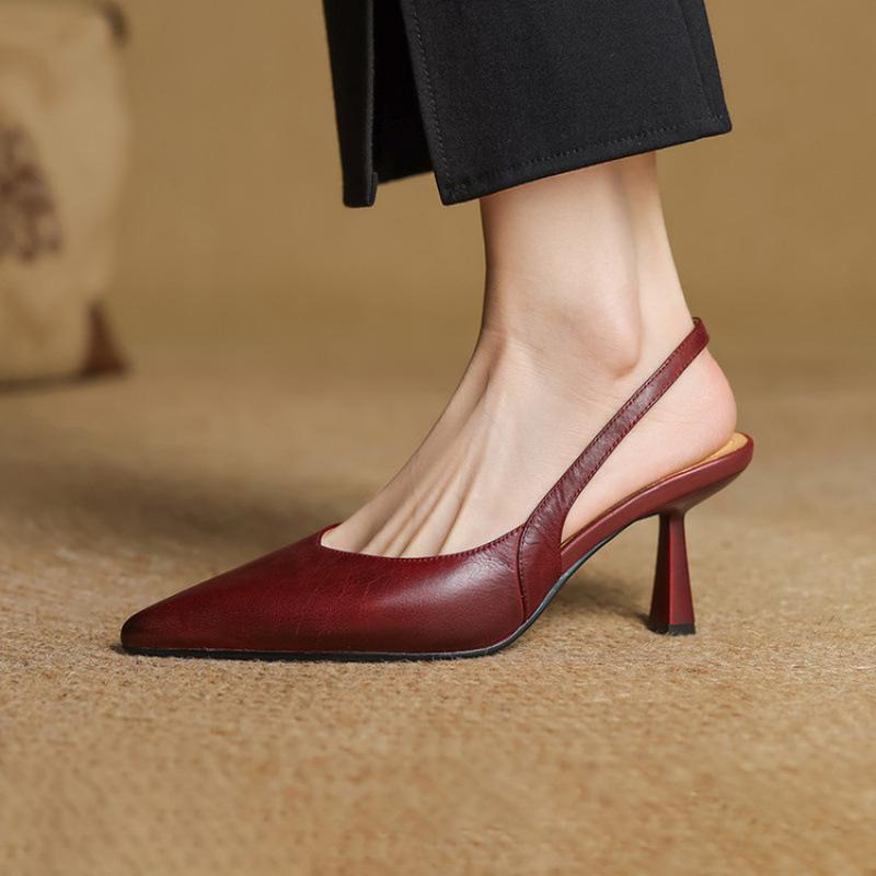 

Кожаные сандалии с открытой пяткой женские повседневные сандалии с закрытым носком женские однотонные с острым носком на среднем каблуке большого размера удобные говяжьи те 33 бордовый