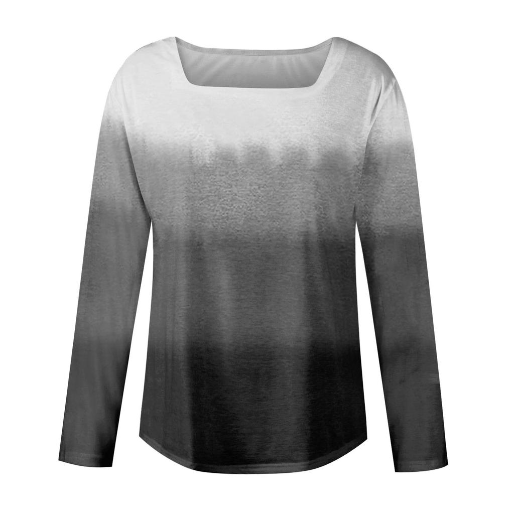 Women's Fashionable Waist Square Neck Long Sleeve Gradient Print T-Shirt Top