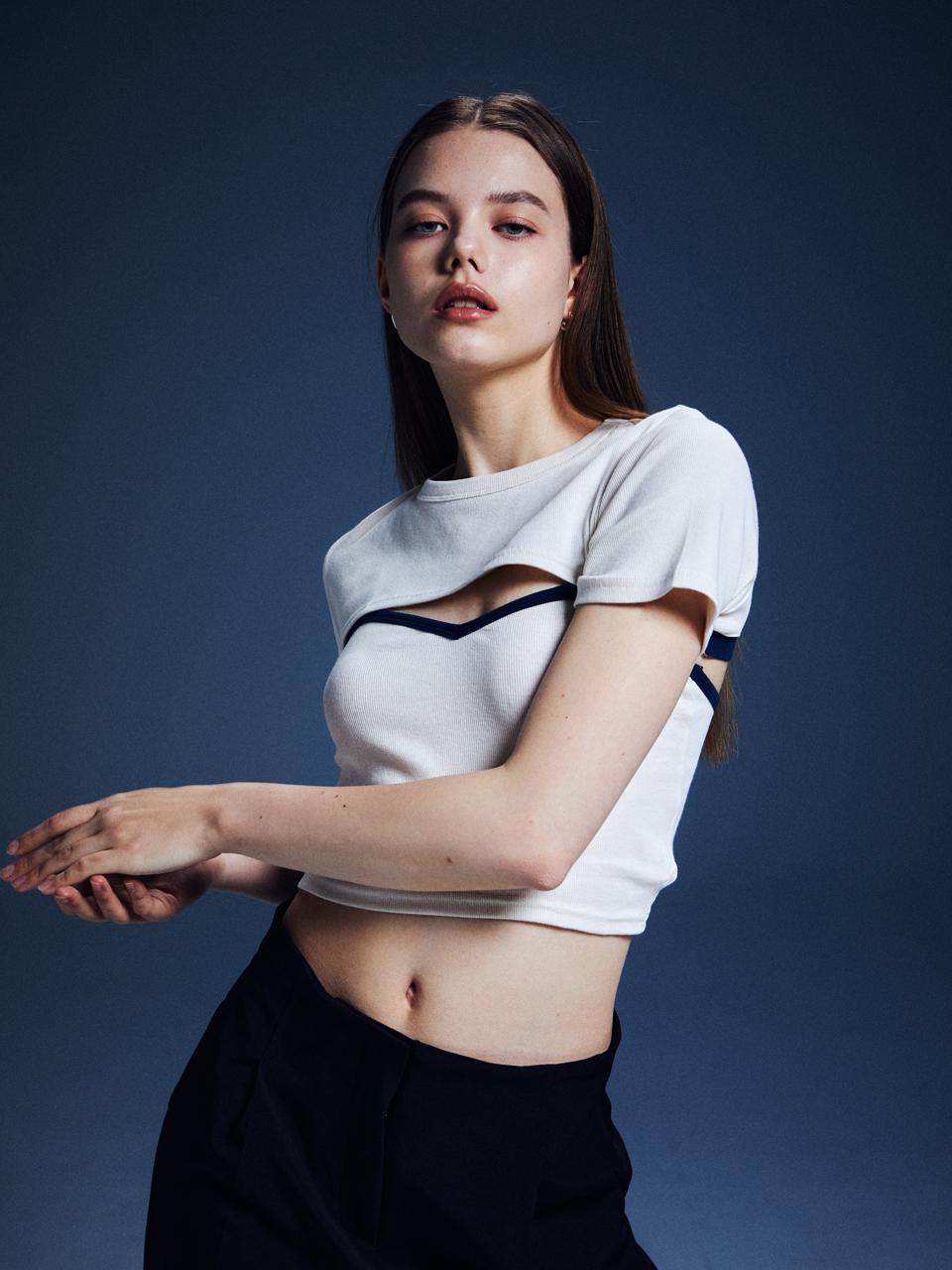 Renezmia Color Blocking Layered Top Set _ Cream/Blue