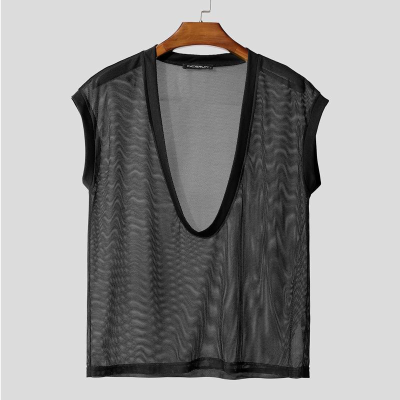 

INCERUN Men Deep U Neck Sleeveless Mesh See Through Party Club Tank Tops