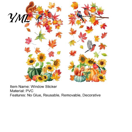 PVC Festive Window Stickers Autumn Harvest Decals, Sunflower Maple Leaf Pumpkin Bird Static Cling Stickers, Decorative Autumnal Wall Murals