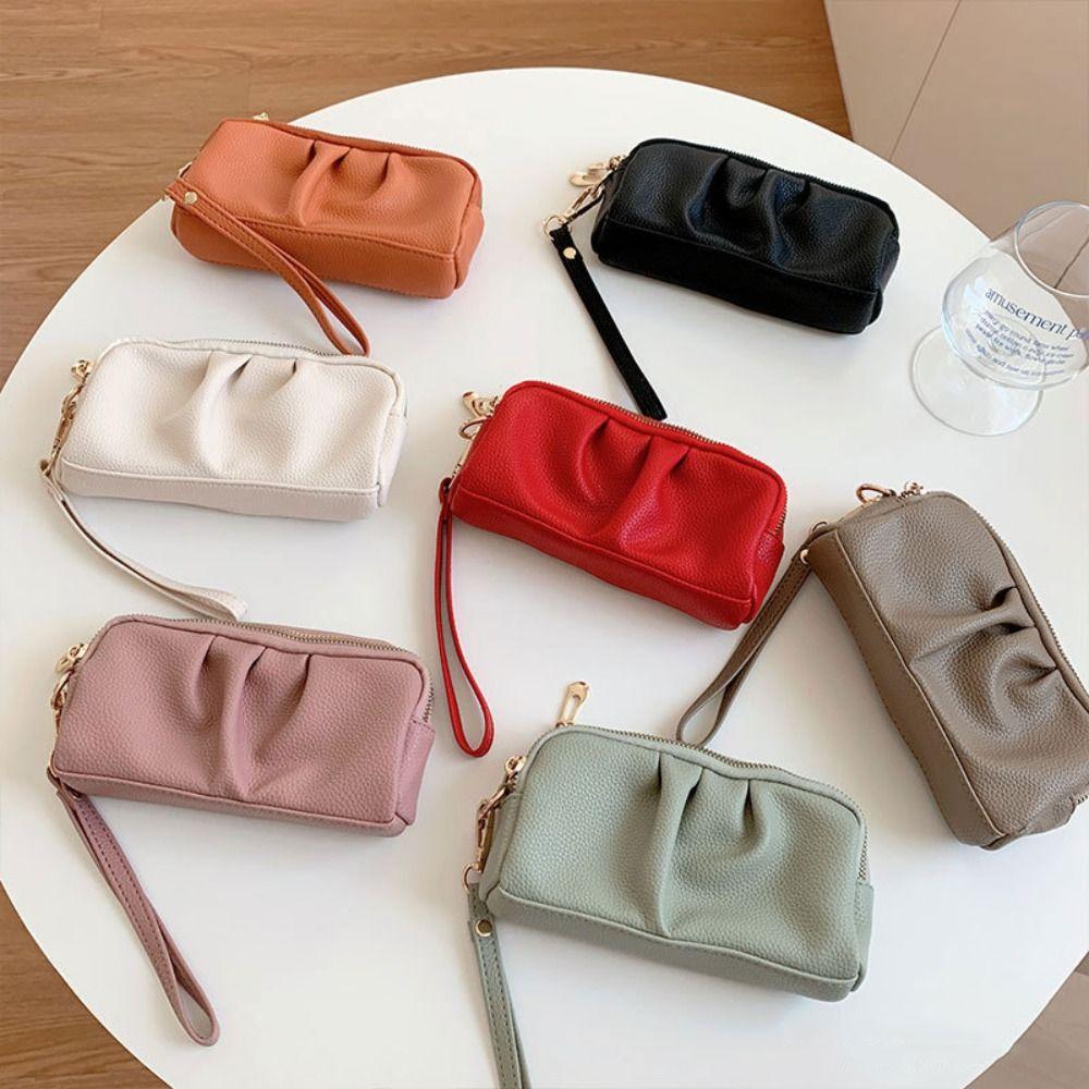 Portable PU Leather Women Long Wallet Double layer Large Capacity Shopping Wrist Bag Zipper Solid Color Handbag