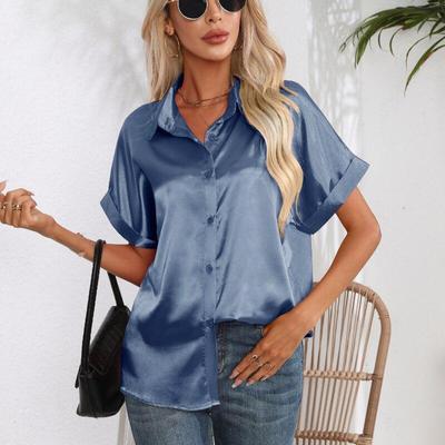 Summer Silk Shirts Women Button Up Satin Blouse Loose Office Short Sleeve Ladies Tops Casual Shirt Elegant