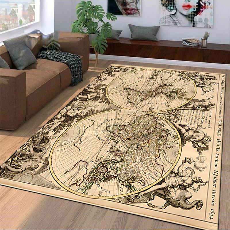 Vintage World Map Carpet Design suitable as a non-slip mat for the living room or bedroom sofa