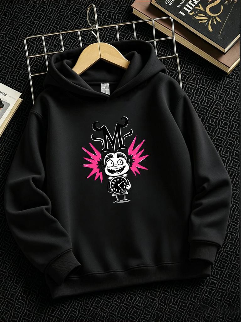 Kinder Jungen Mädchen Kapuzenpullover mit Uhr, Verspielter Cartoon-Charakter-Druck Frühling Herbst Lässiger Pullover, Humorvolle Schrullige Figur Hält Wa
