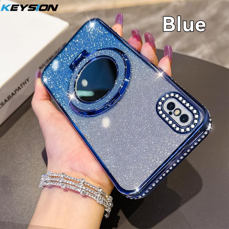 

KEYSION Роскошный блестящий магнитный чехол для телефона с драгоценными камнями для iPhone X XS Max XR Зеркало для макияжа Подставка-кольцо Ударопрочная задняя крышка for iPhone X синий