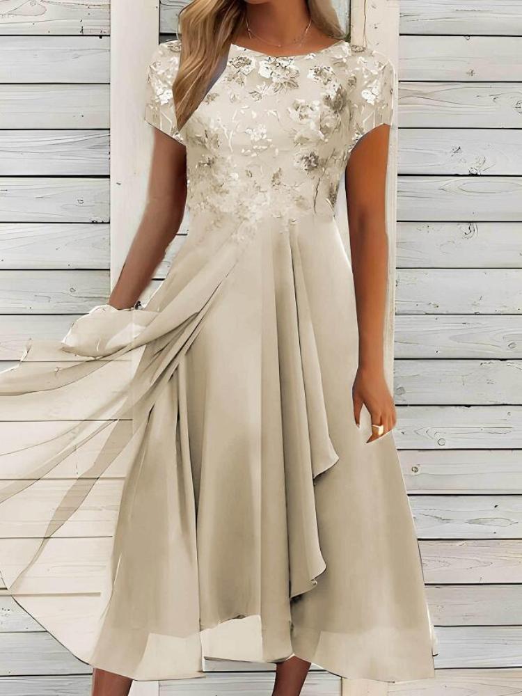 

Платье из шифона мятно-зеленого цвета с цветочной вышивкой, короткими рукавами и круглым вырезом L золотой