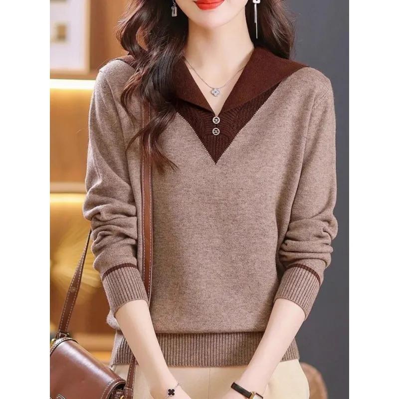 Women's Autumn/Winter Clothing Patchwork Casual Sweaters Long Sleeve Knit Pullover Elegant V-neck Top