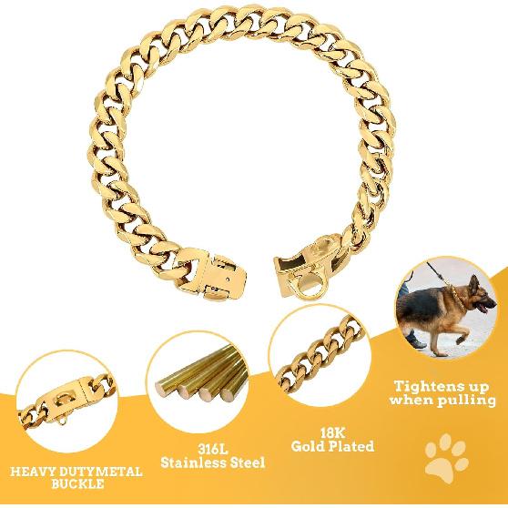 BAOBOTE 15MM Gold Stainless Steel Dog Collar with Cuban Link Chain Heavy Duty Chew Proof Training Collar for Dogs(14" Gold)