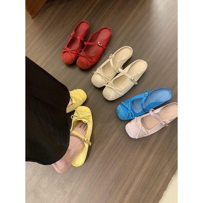 Gentle little red ballet style bag head half slippers women's 2025 spring and summer new bow retro Mary Jane shoes