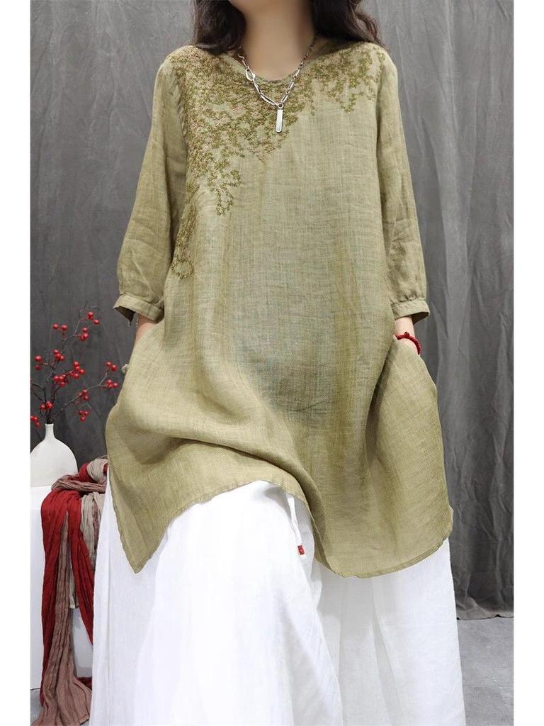 2025 Spring/Summer Retro Embroidered Women's Casual Slimming Mid-length T-shirt