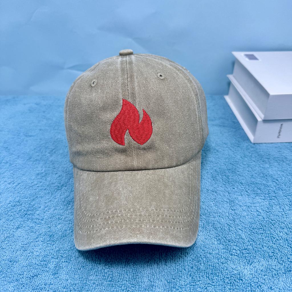 Washed Embroidered Fire Pattern Baseball Hat with Sunscreen, Sunshade, Party Travel Hat Simple Design