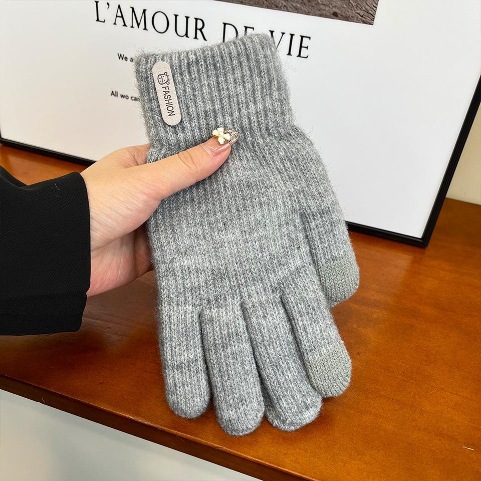 Women's Knitted Warm Gloves Thickened Plush Solid Color Simple Cycling Touch Screen Gloves