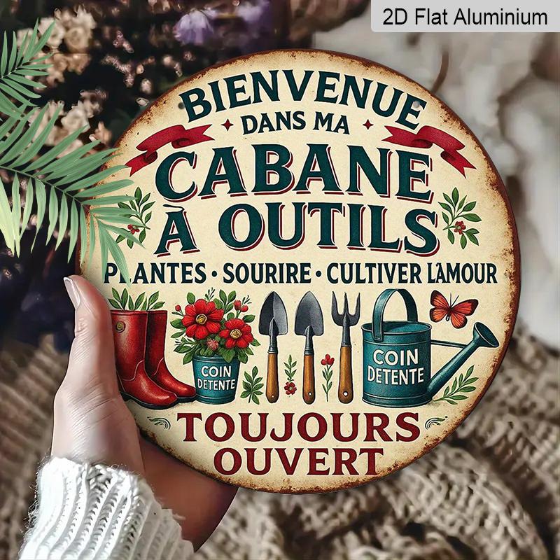 2D Flat, 1pc 7.87x7.87 Inch Round French Aluminum Sign, Vintage Decorative Plaque with "Welcome To My Tool Shed" Design, Garden Decor Sign, Suitable