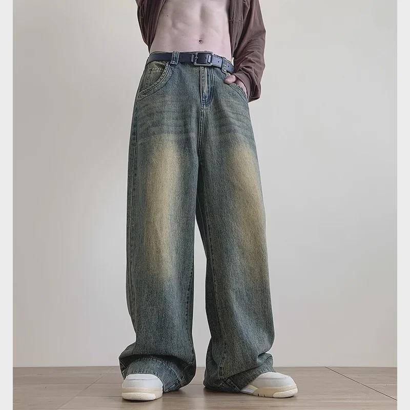 Men's Retro Blue Distressed Wide-Leg Jeans - Cleanfit Straight Style for Spring & Autumn