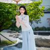 Chinese Retro Embroidered Cotton Linen Tang Suit & Wide-Leg Pants Two-Piece Set for Women