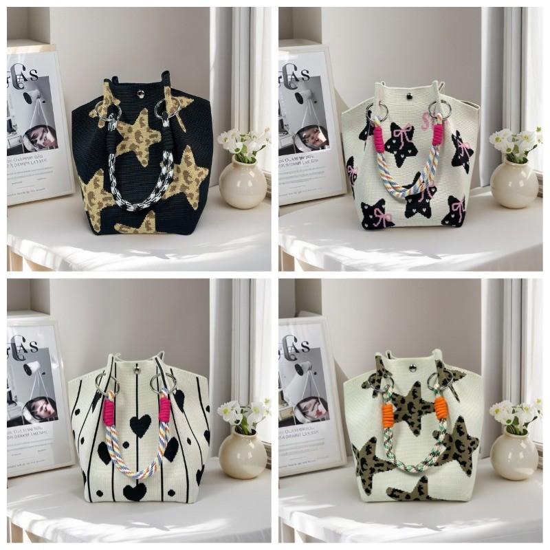 New Leopard Star Knitted Tote Bag for Women Large Capacity Bucket Bag Versatile Handbag for Commute Work and Daily Use