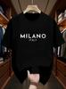 Unisexs Pure Cotton Fashionable Casual Loose Italian Style Milan Letter Printed Round Neck Short