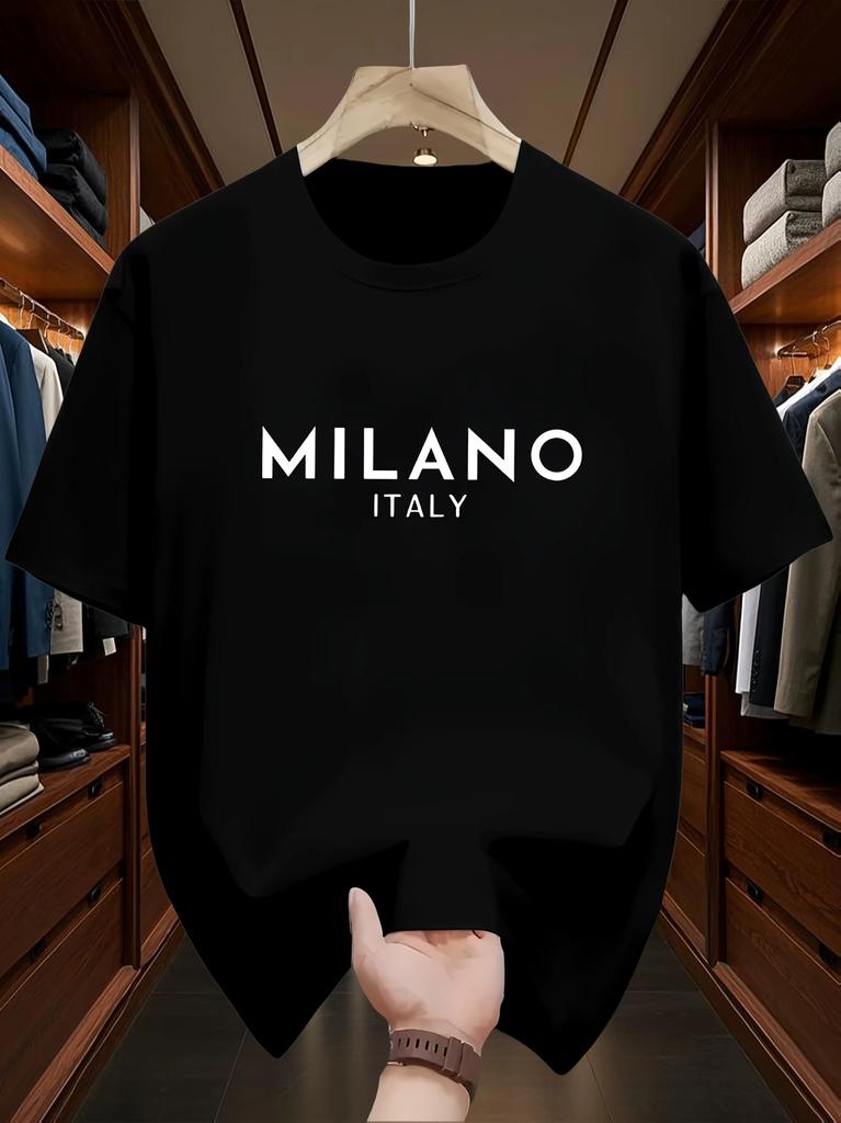 Unisexs Pure Cotton Fashionable Casual Loose Italian Style Milan Letter Printed Round Neck Short