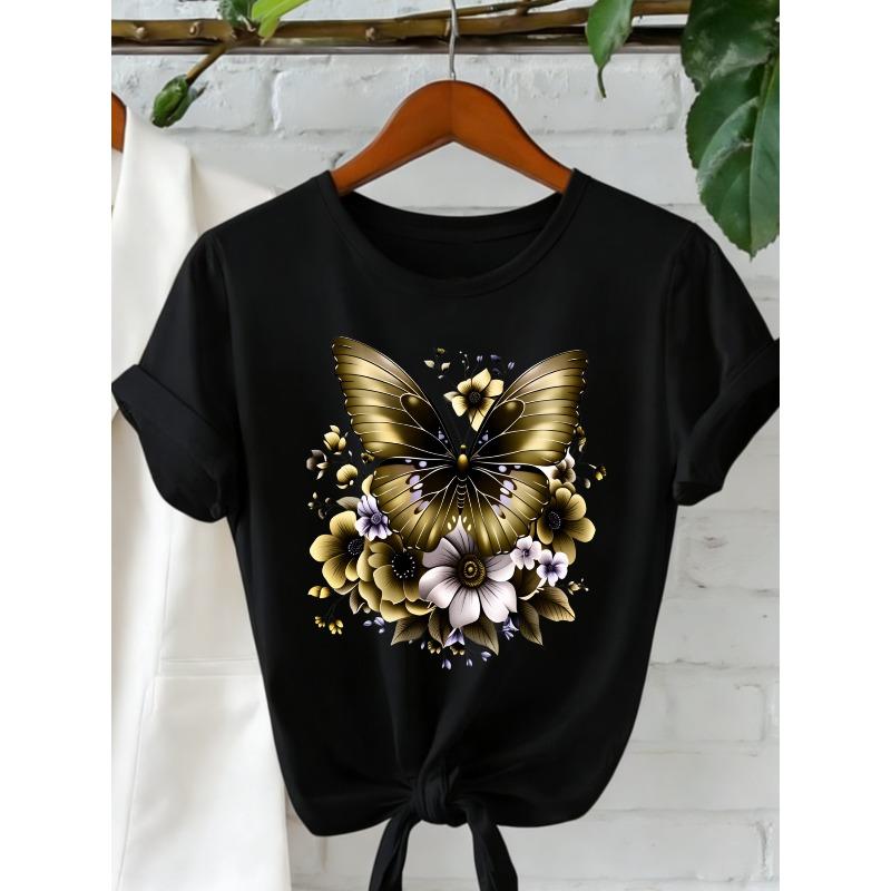 

Womens New Tee Black White Grey Golden Butterfly Floral Print Round Neck Stretchy Fabric All Season Fashion Trendy Statement Graphic Comfortable 4XL чорний