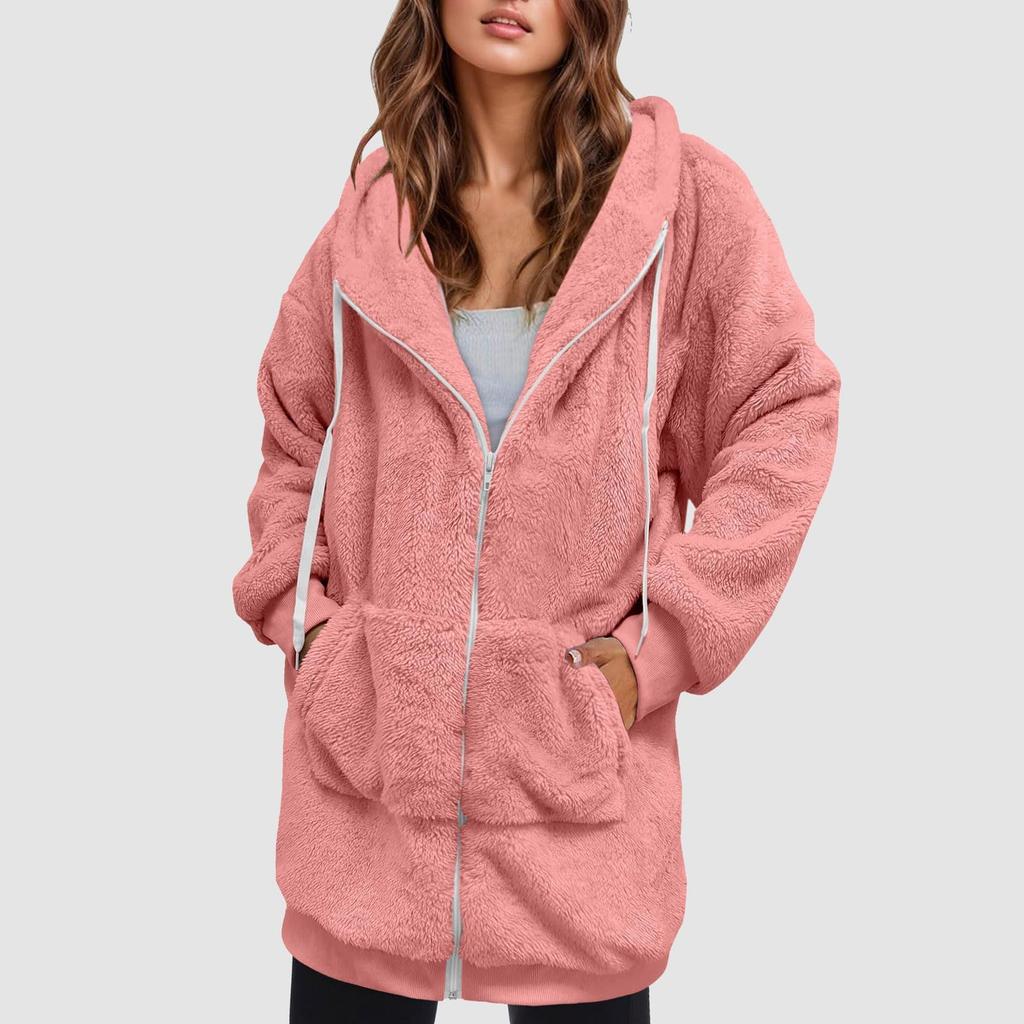 Women's Fashionable Coat Solid Color Long Sleeved Hooded Drawstring Pocket Zipper Long Warm Jackett