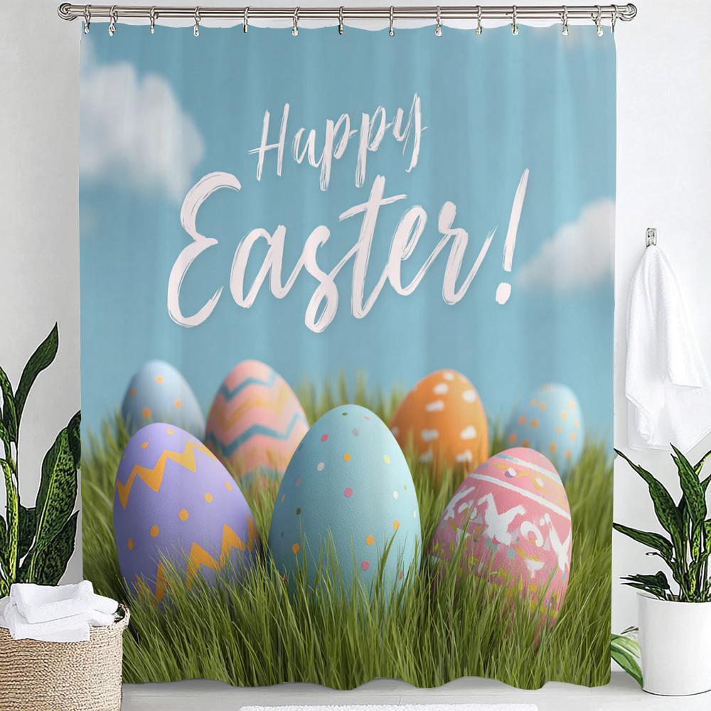 Happy Easter Shower Curtain,Egg and Rabbit Cartoon Printed Polyester Fabric Decorative Bathroom Curtain, Home Curtain with Hooks