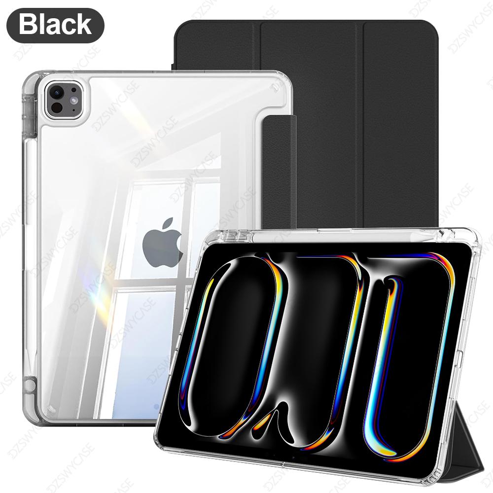 Étui pour iPad Pro 11 M4 M5, avec Porte-Crayon, Coque Intelligente Slim à Rabat Tri-fold avec Dos Transparent, Accessoires pour Tablette noir