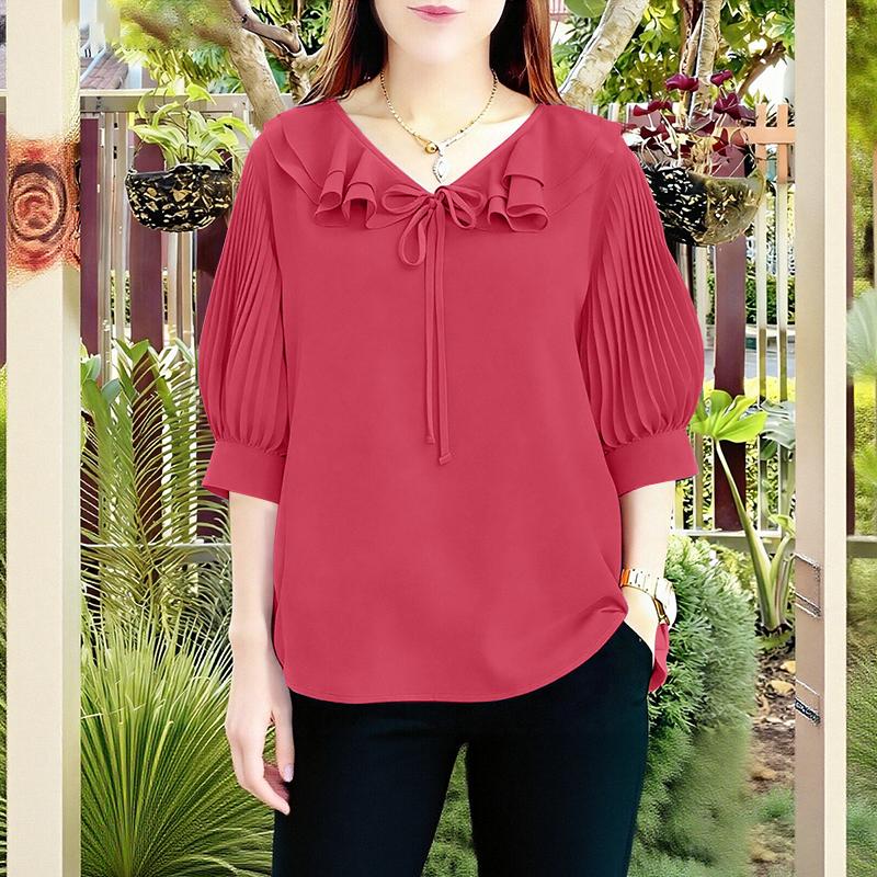 ZANZEA Women Ruffles V-Neck Solid Color Loose Casual 3/4 Sleeve Blouse S