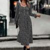 Women Summer Cotton A-line Dress Casual Butterfly Sleeve Full Length Turn-down Collar Mid-Calf Print