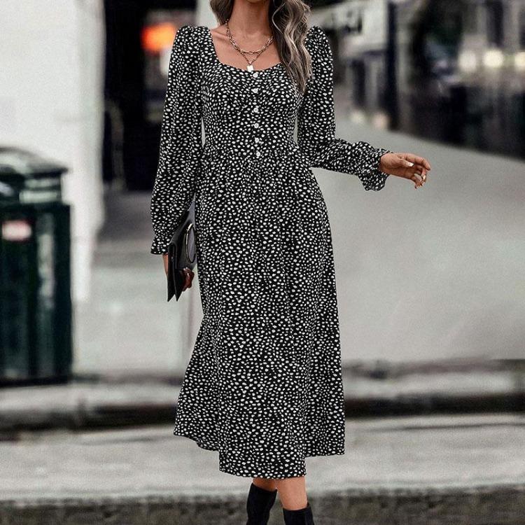 Women Summer Cotton A-line Dress Casual Butterfly Sleeve Full Length Turn-down Collar Mid-Calf Print