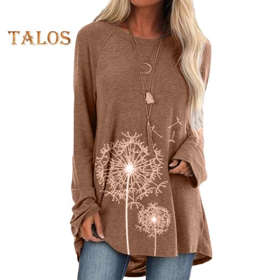 

Женская туника больших размеров с принтом одуванчика, удлиненная рубашка с круглым вырезом и длинными рукавами, футболка-пуловер свободного кроя для работы, повседневной жизни XL коричневый