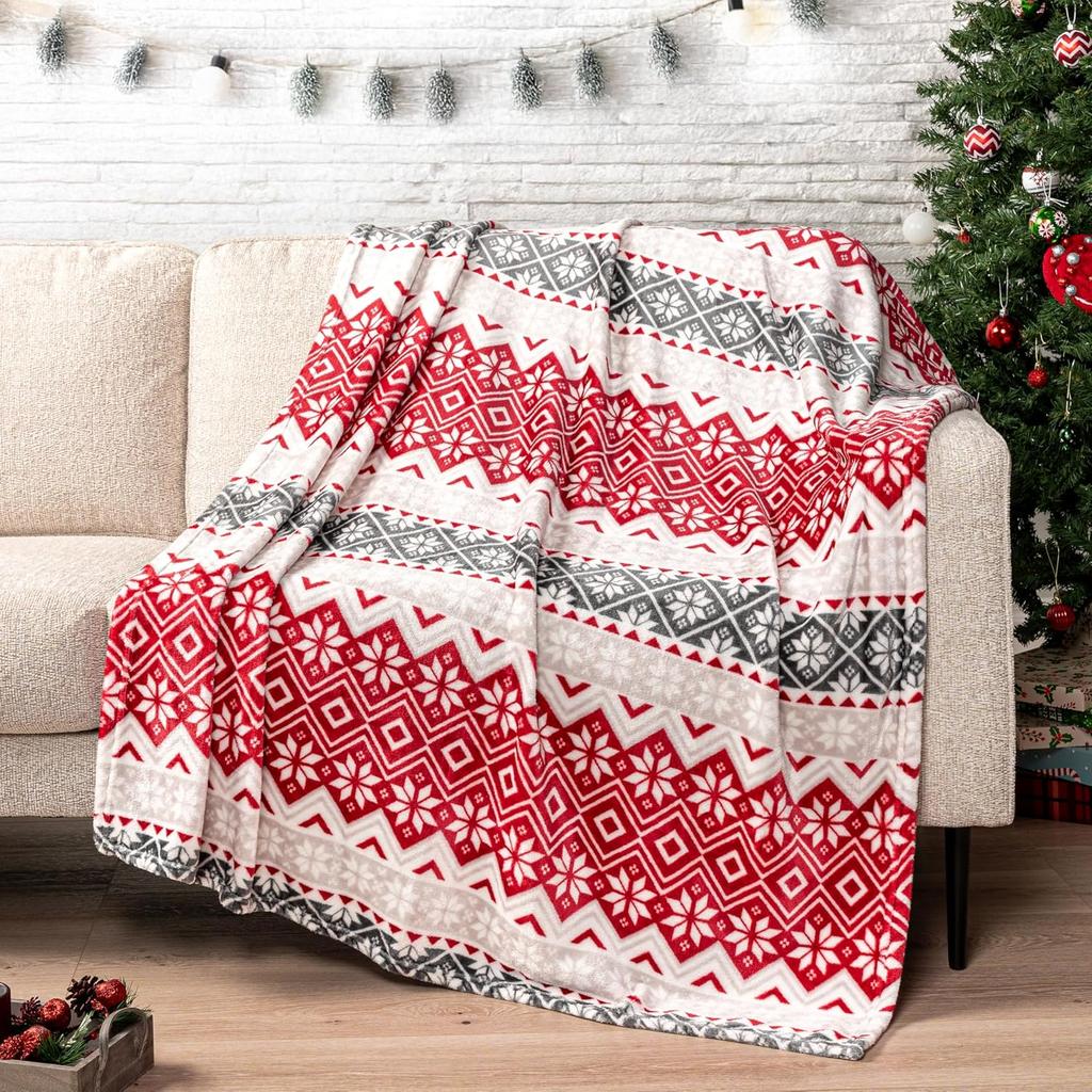 Christmas Reindeer Snowflake Striped Flannel Throw Blanket, Red Xmas Pattern Warm Cozy Blanket for Couch Bed Winter Holiday Home Decor