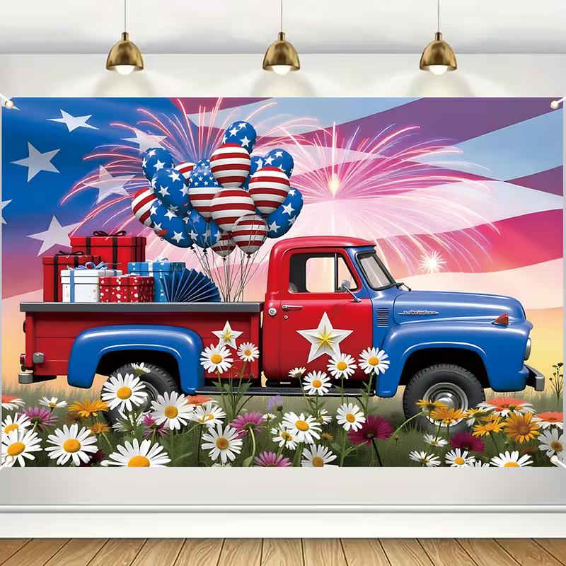 2D Red White Blue Vintage Truck with Balloons Photo Background