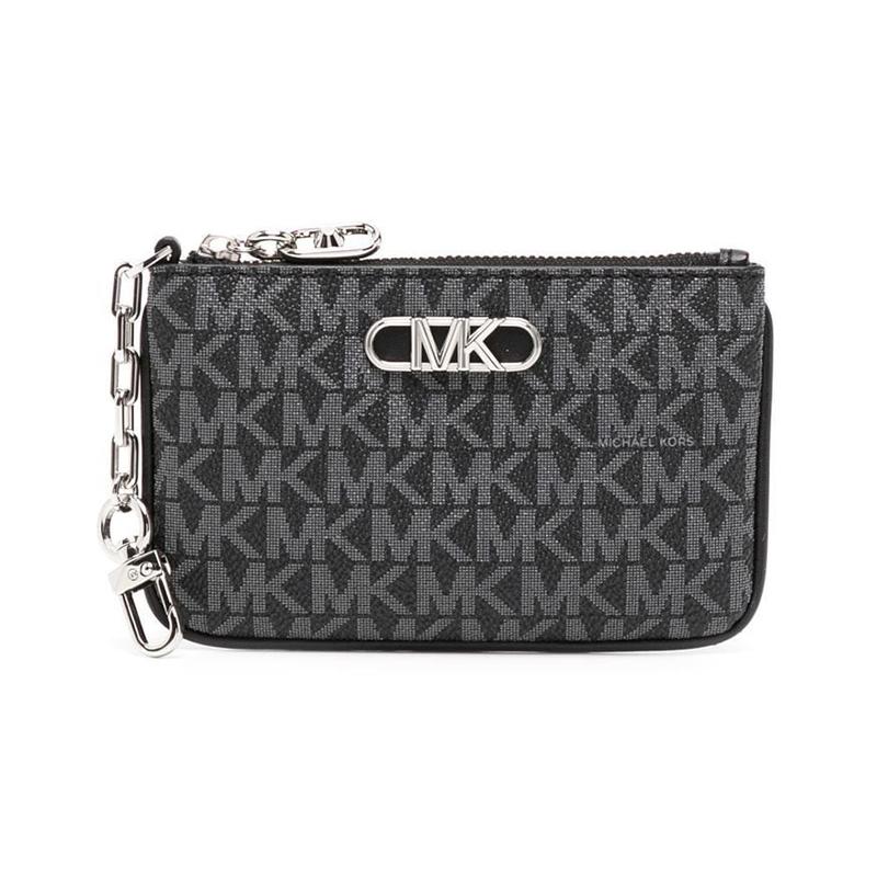 MICHAEL KORS Logo logo zipper closure, calfskin card holder wallet, women s black/silver чёрный