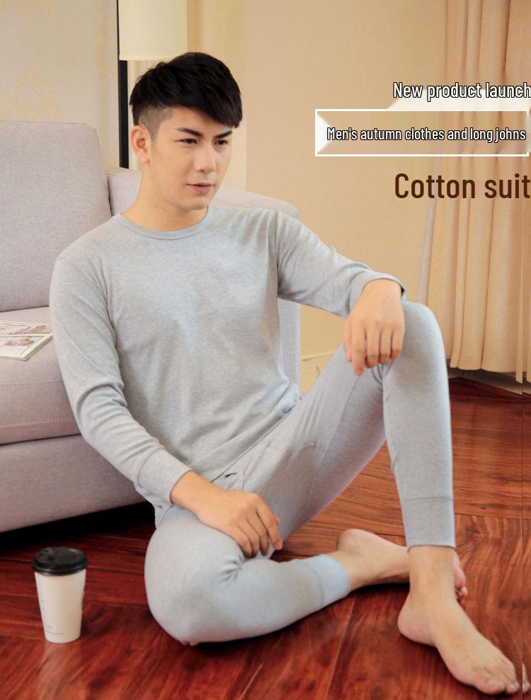 Men's Autumn Cotton Set: Lightweight Pants & Sweater - Warm, Medium-Thick, All-Cotton, Youth Style, Winter White.