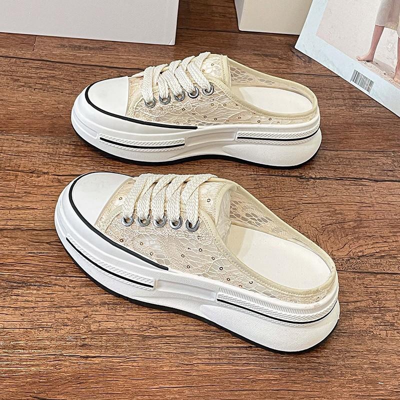 2024 summer new one-pedal bag head mesh hollow hole sandals half drag women wear ins thick-soled sandals